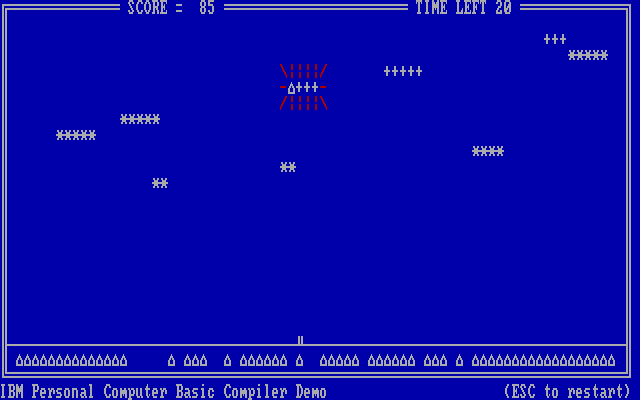 IBM Personal Computer BASIC Compiler (included game) (DOS) screenshot: The shell connects, with a satisfying ASCII detonation (color)