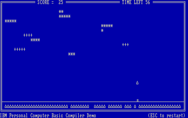 IBM Personal Computer BASIC Compiler (included game) (DOS) screenshot: You can only fire one shell from each ground position (color)