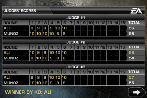 Fight Night Champion (iPhone) screenshot: Judges' scores