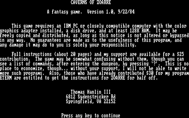 Caverns of Zoarre (DOS) screenshot: Title screen