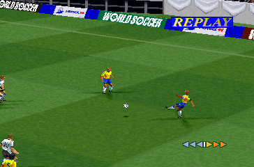 International Superstar Soccer Pro '98 (PlayStation) screenshot: Replay. Not the greatest free kick of all time.