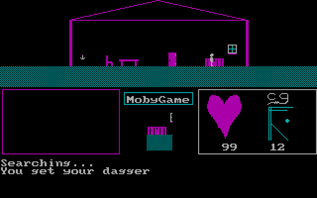 Dismal Passages (DOS) screenshot: Inside your home, you search a chest and find a dagger. (Center image low is the area near you, w/o your avatar)