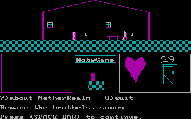 Dismal Passages (DOS) screenshot: Next neigbour is an old woman, who has some succinct advice regarding the NetherRealm.