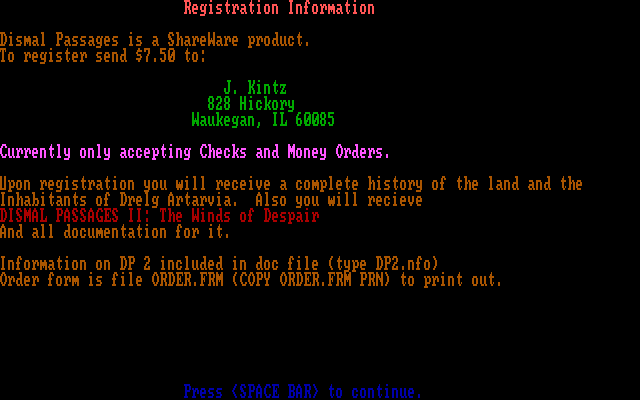 Dismal Passages (DOS) screenshot: registration info