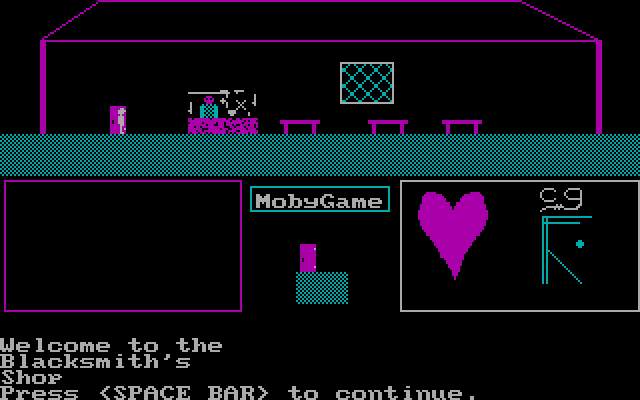 Dismal Passages (DOS) screenshot: The Blacksmith sells various weapons, from knives to bows, but doesn't talk much.