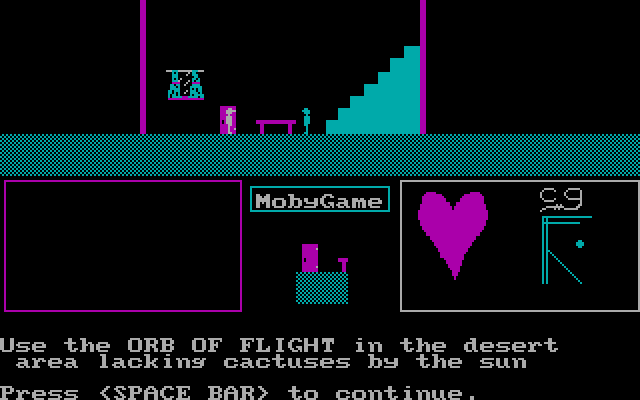 Dismal Passages (DOS) screenshot: The conjurer has advice on runes and staffs, and mentions a orb of flight.