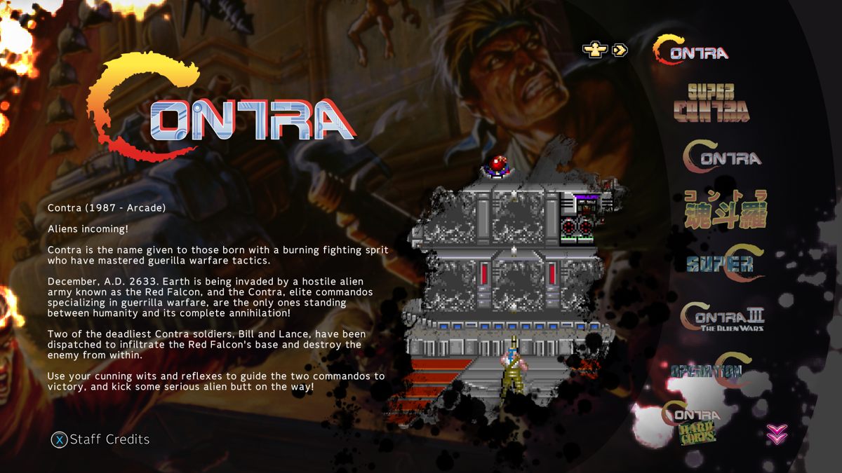 Contra: Anniversary Collection (Windows) screenshot: The game selection menu shows you a video preview of your game and a story summary.