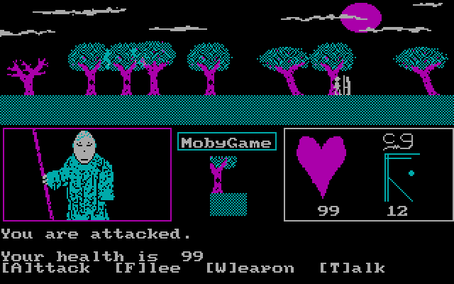 Dismal Passages (DOS) screenshot: I get attacked by a nasty man, who may carry a disease. I can attack/flee or try talking, but he attacked first, so no chit chat.