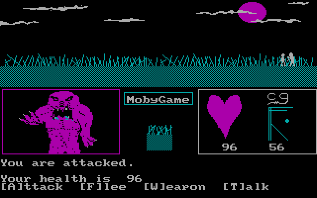 Dismal Passages (DOS) screenshot: A monster attacks a bit further on, still in the wilderness.