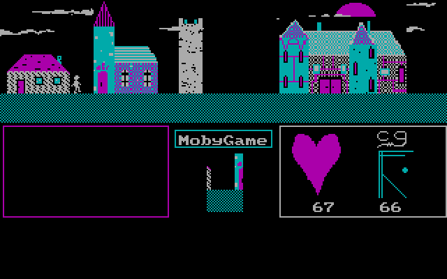 Dismal Passages (DOS) screenshot: The city stretches on; here is a healer, another temple, a tower and an inn.