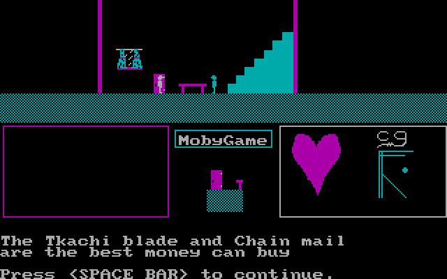 Dismal Passages (DOS) screenshot: A rich man has advice on weapons...hmm, I wonder if he talks of price or useability.