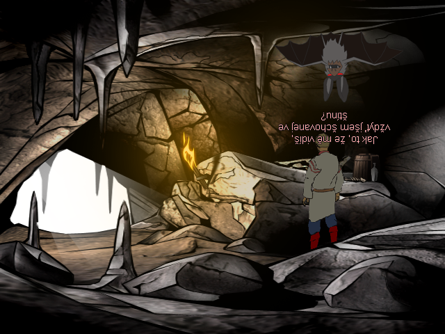 Fairy Tale about Father Frost, Ivan and Nastya (Windows) screenshot: Talking to the bat - her dialogue is upside-down too! :D (Czech version)