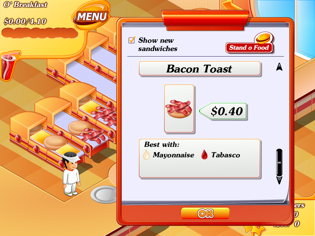 Stand O'Food (iPad) screenshot: We also have bacon toast