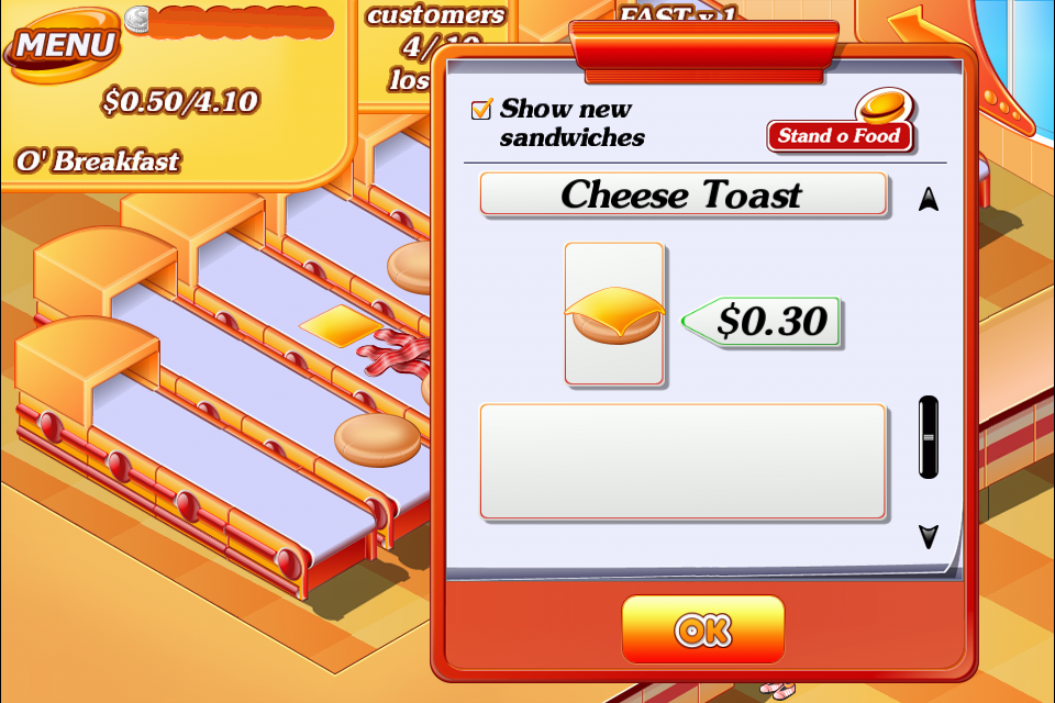 Stand O'Food (iPhone) screenshot: We also have cheese toast