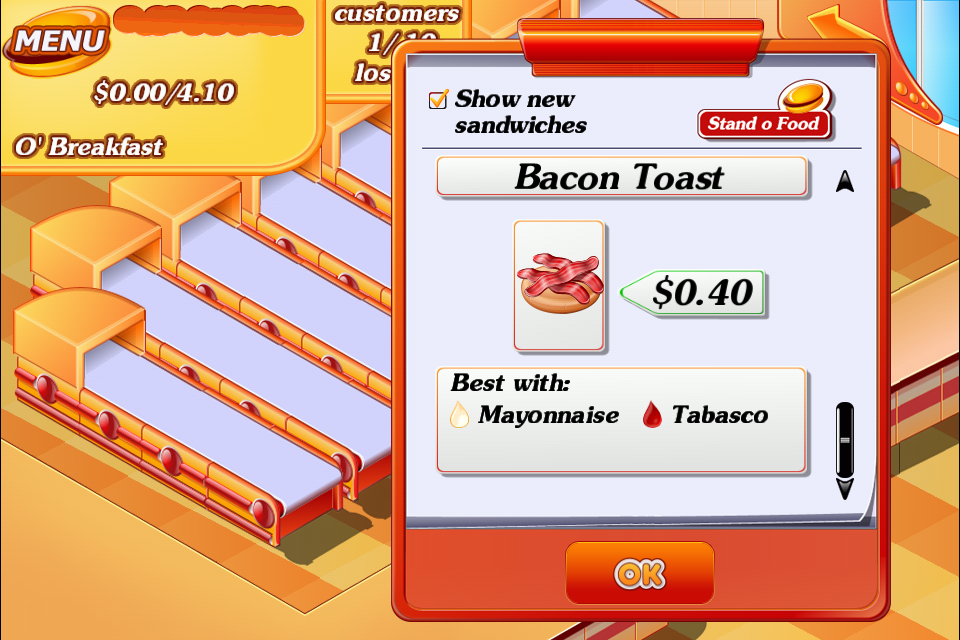 Stand O'Food (iPhone) screenshot: One of out first items is bacon toast