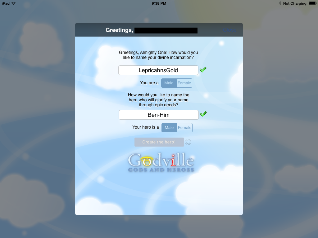 Godville (iPad) screenshot: Name your god and hero (real name blacked out for privacy)