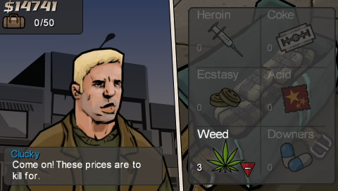 Grand Theft Auto: Chinatown Wars (PSP) screenshot: When buying or selling drugs a red down pointing arrow means you will make a loss selling it whereas an upward green arrow means a profit.