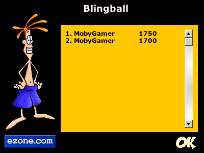 Blingball (Browser) screenshot: The high score table