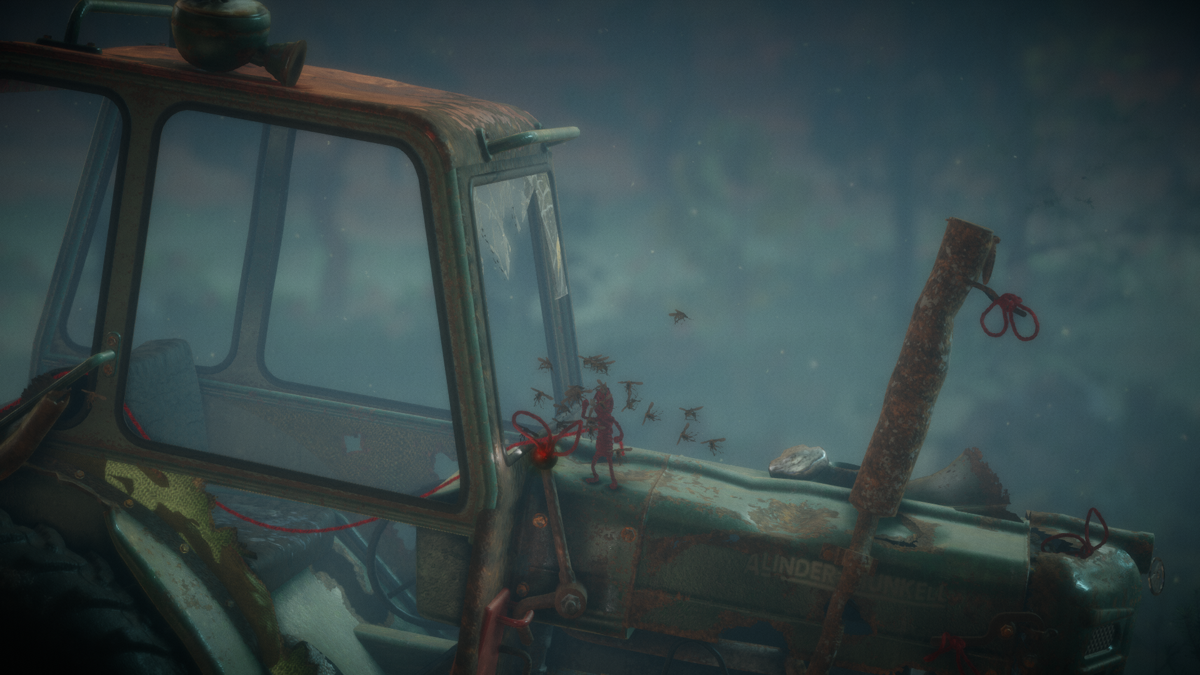Unravel (Windows) screenshot: Old rusty tractor in the bog. And those damned mosquitoes