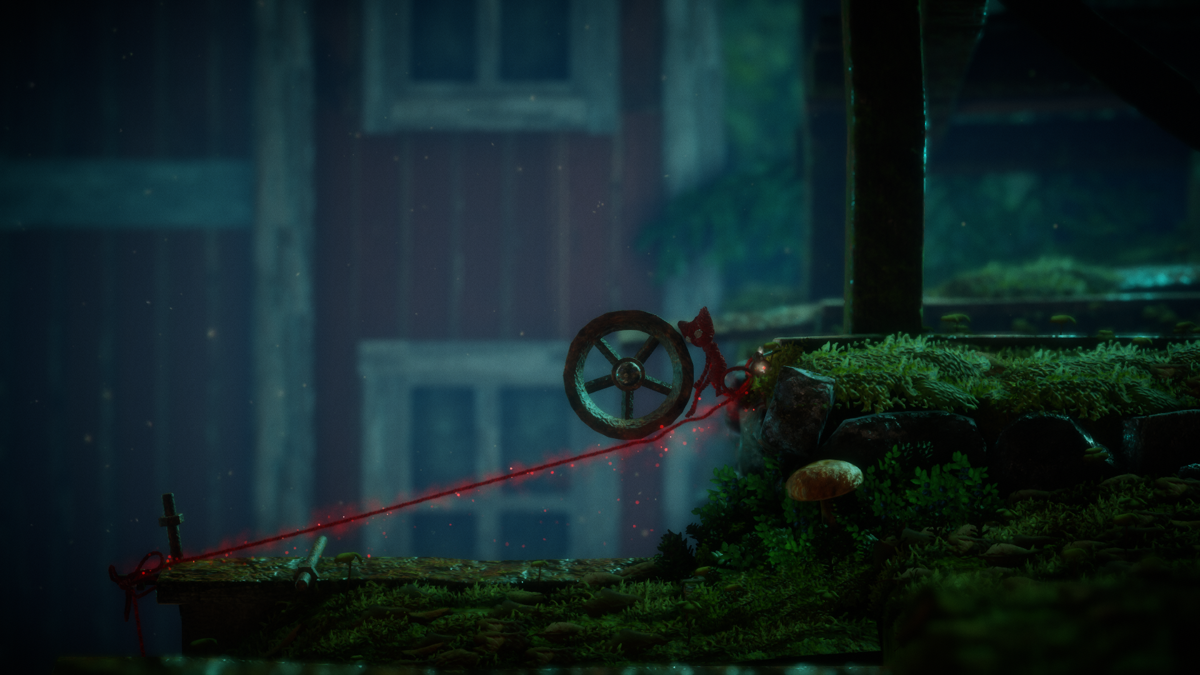 Unravel (Windows) screenshot: The trampolines are also used to carry objects