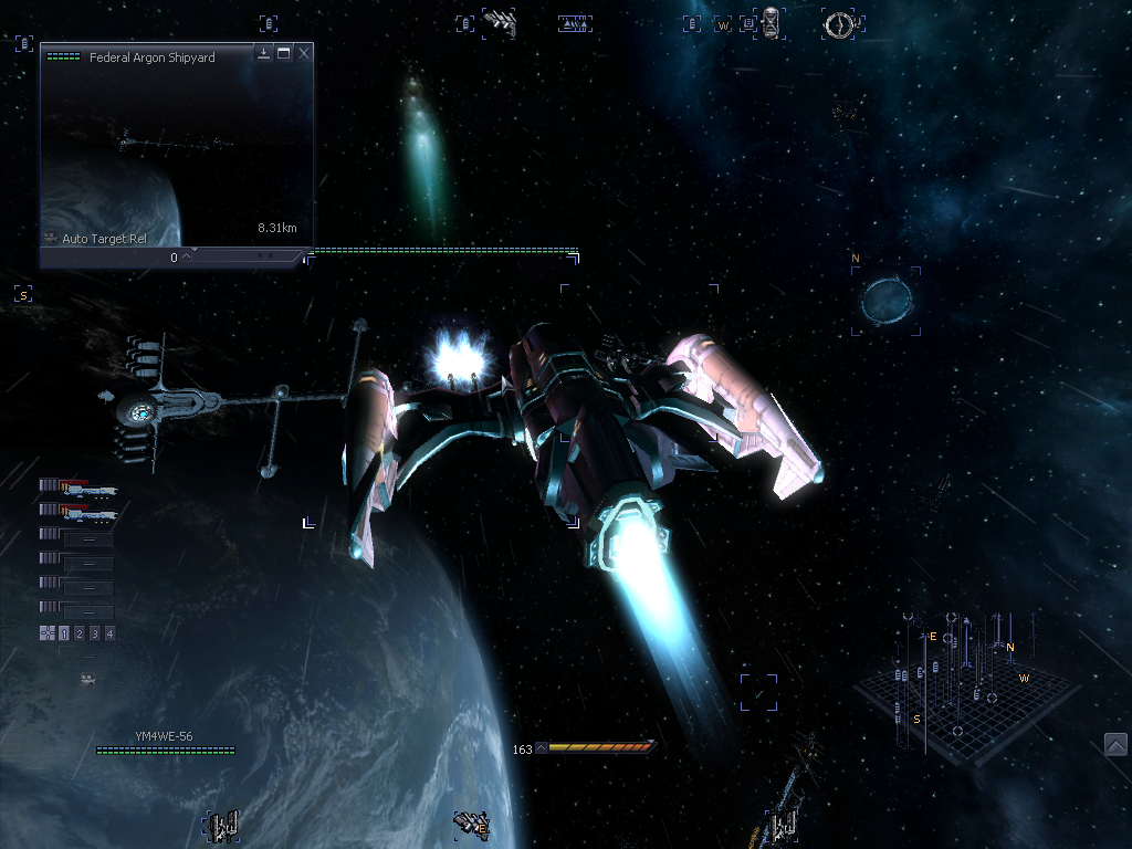 X³: Reunion (Windows) screenshot: External view of my ship firing some blasts off into space