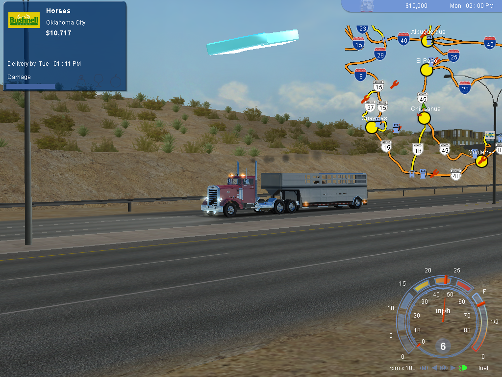 18 Wheels of Steel: Pedal to the Metal (Windows) screenshot: Here is a side view of your truck. To explain the HUDs: You have your job info on the top left, the map on the top right, and your speed/lights/brakes info on the bottom right