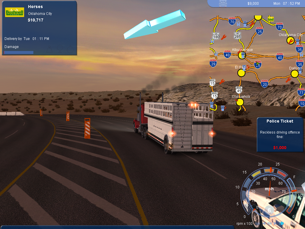 18 Wheels of Steel: Pedal to the Metal (Windows) screenshot: Darn cops... got me for reckless driving. I guess that's what happens when you drive over a motorcyclist...