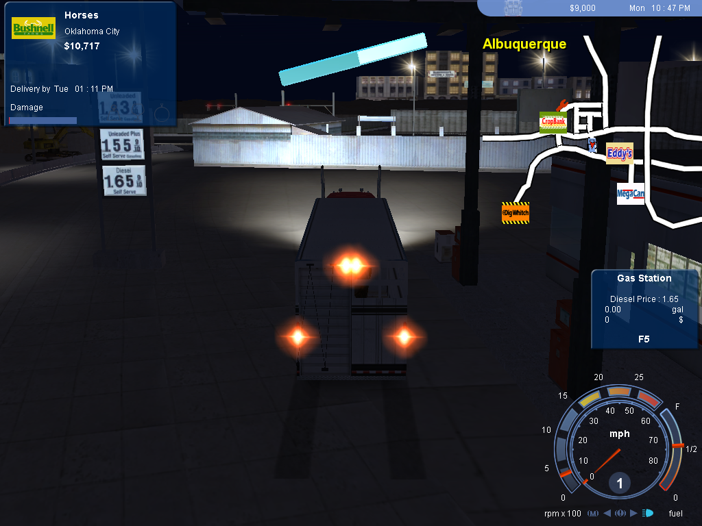 18 Wheels of Steel: Pedal to the Metal (Windows) screenshot: Stopping for gas at night... I wish prices were that low...
