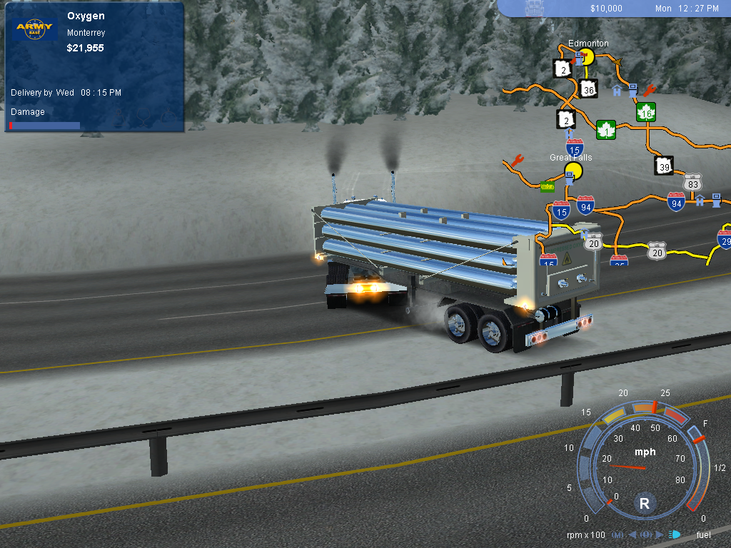 18 Wheels of Steel: Pedal to the Metal (Windows) screenshot: Recovering from a wipe-out... You can see my tracks in the snow