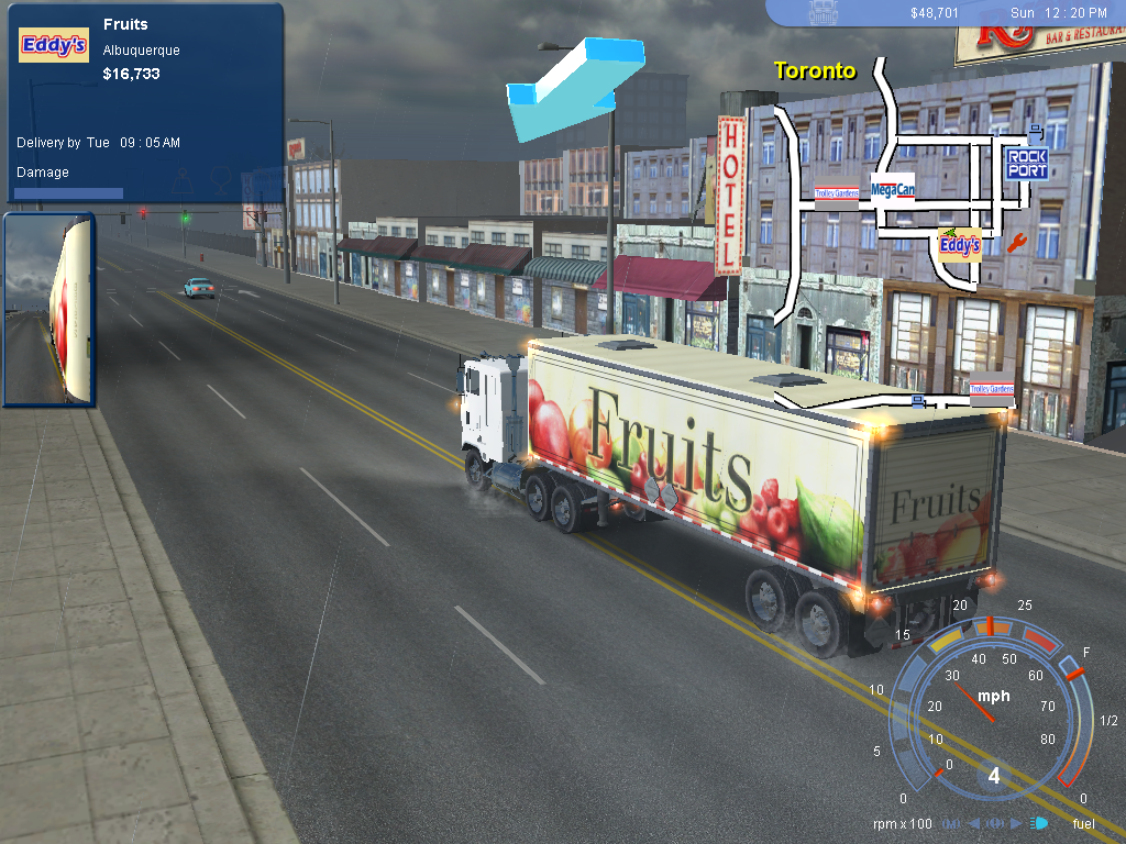 18 Wheels of Steel: Pedal to the Metal (Windows) screenshot: Driving fruit through the rain in Toronto