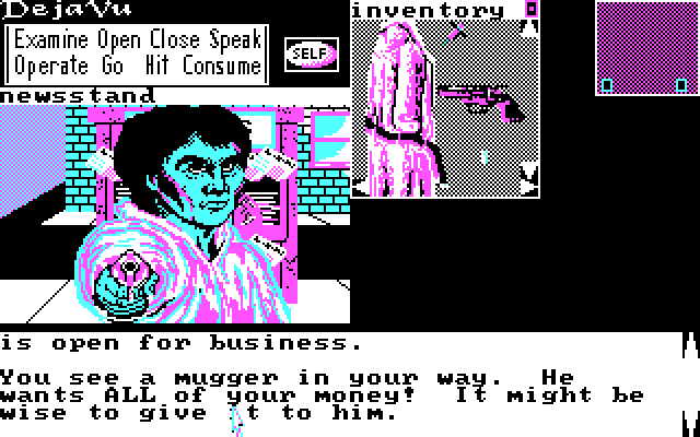 Deja Vu: A Nightmare Comes True!! (DOS) screenshot: Don't shoot me! I'm a shoesalesman! Honest!