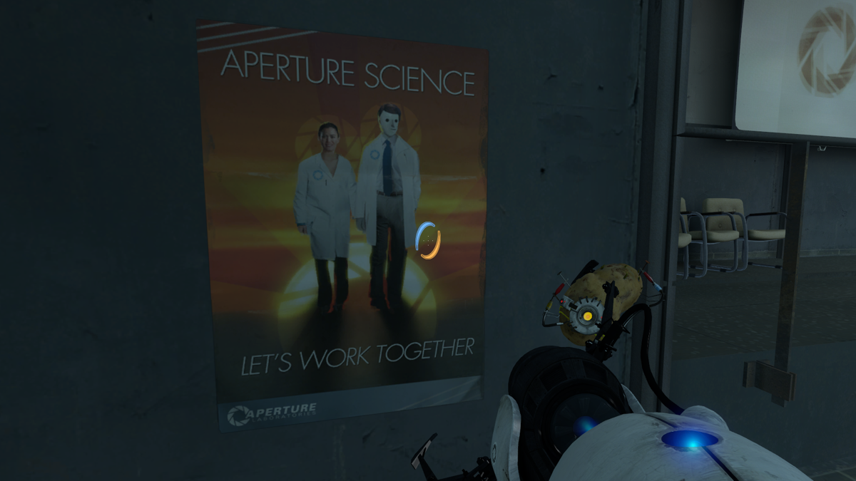 Portal 2 (Windows) screenshot: Isn't that Chell herself on the poster? Yet another theme for speculations.