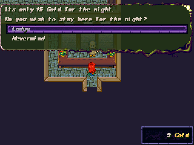 Ahriman's Prophecy (Windows) screenshot: The easiest way to gain Health Points (HP) is to sleep...seem to lack the gold to sleep here...dang