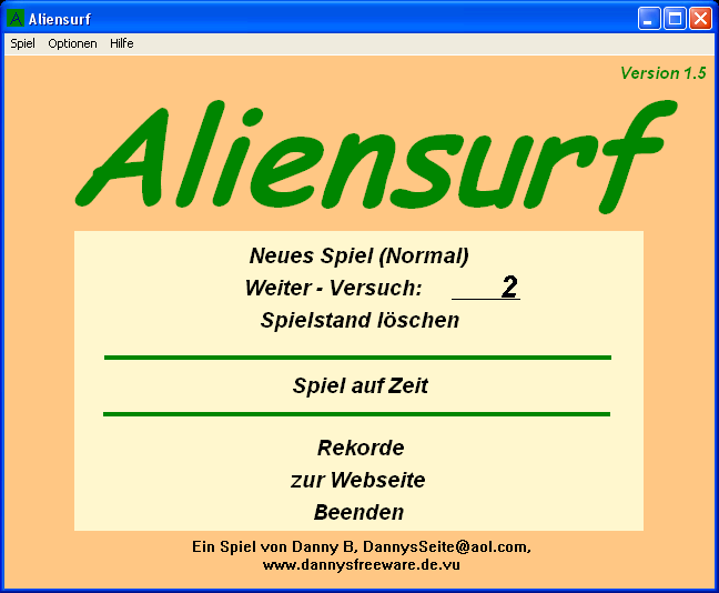 Aliensurf (Windows) screenshot: Main menu