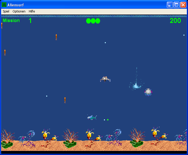 Aliensurf (Windows) screenshot: Level 1 - avoid anything except the round container and the green/white dots