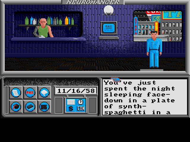 Neuromancer (Amiga) screenshot: You start off by waking up in some spaghetti