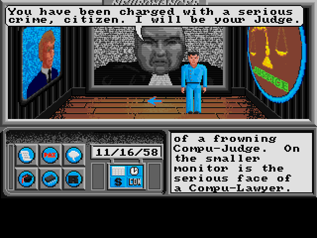 Neuromancer (Amiga) screenshot: You are sent to the justice booth