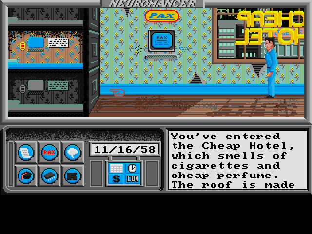 Neuromancer (Amiga) screenshot: A cheap hotel
