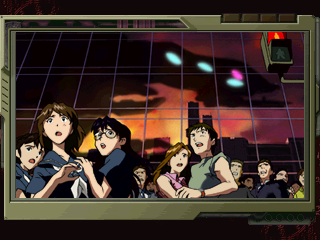 Neon Genesis Evangelion: Kōtetsu no Girlfriend (PlayStation) screenshot: The people in the city are panicking