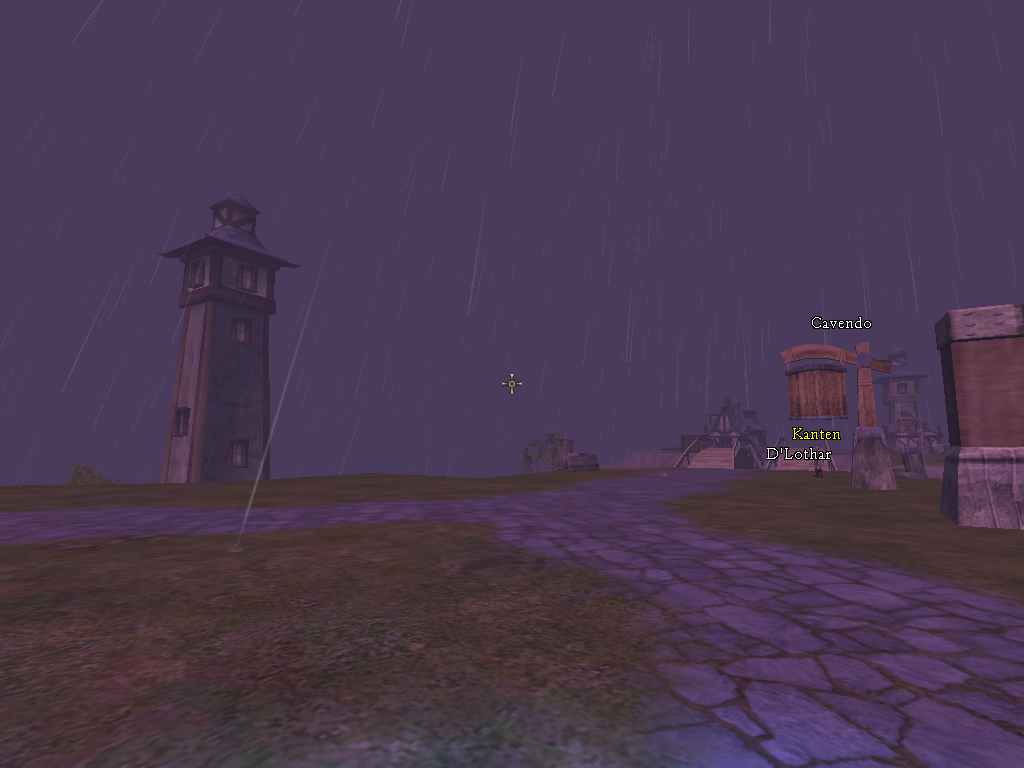 Asheron's Call 2: Fallen Kings (Windows) screenshot: Rain falls on the coastal town of Cavendo.