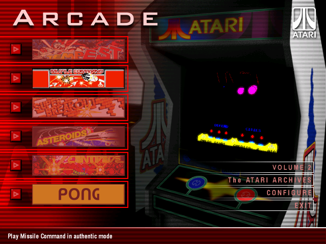 Atari: Anniversary Edition (Windows) screenshot: Main menu for Volume 1.