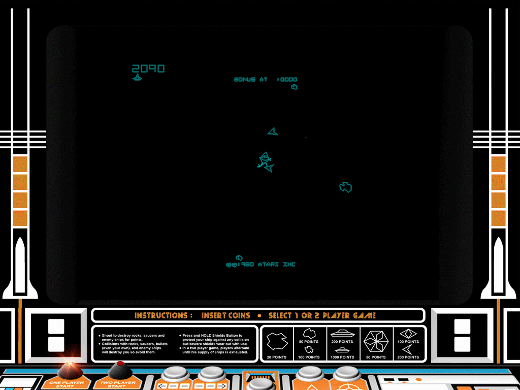 Atari: Anniversary Edition (Windows) screenshot: Asteroids Deluxe in "classic" mode with cabinet art.