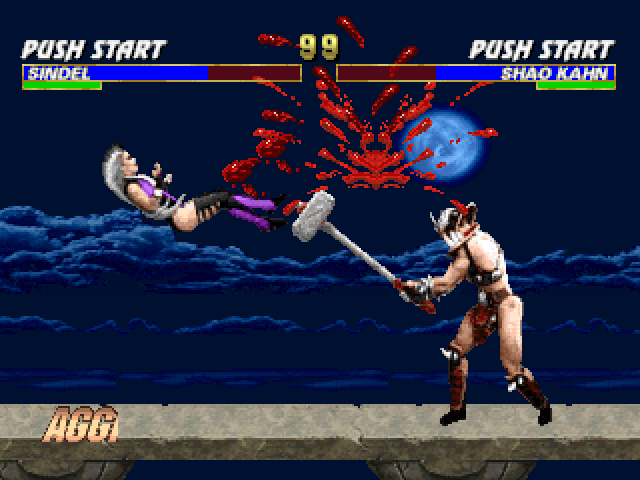 Mortal Kombat Trilogy (PlayStation) screenshot: Demonstration Mode match showing Shao Kahn's Hammer smashing Sindel with a unique and shaking hit.