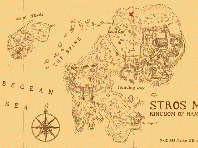 The Elder Scrolls Adventures: Redguard (Windows) screenshot: The map of Stros M'Kai, with your current location marked with an X.