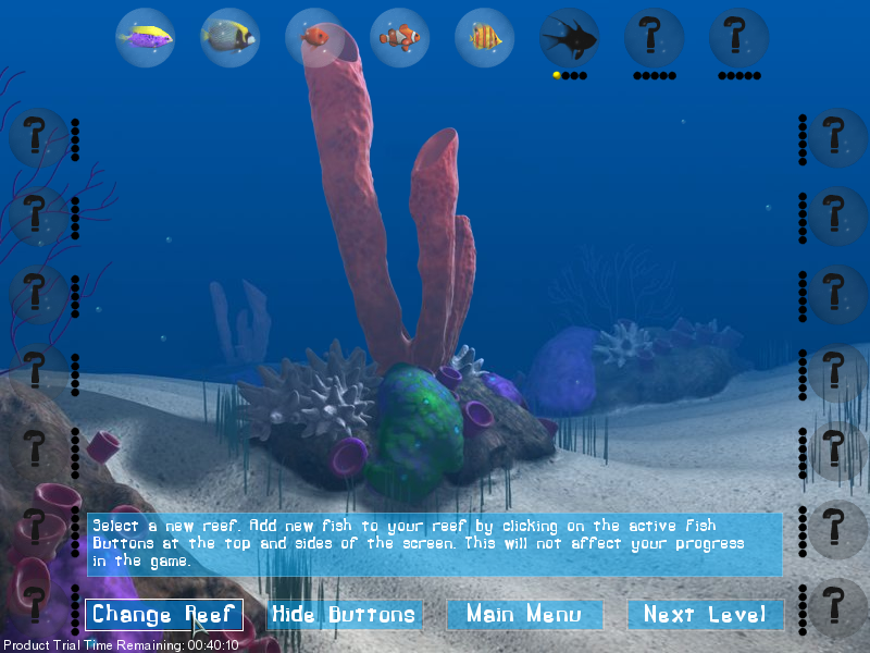 Big Kahuna Reef (Windows) screenshot: Fish screen (between levels) - watch the reef and the different fishes, you can also customize the reef here