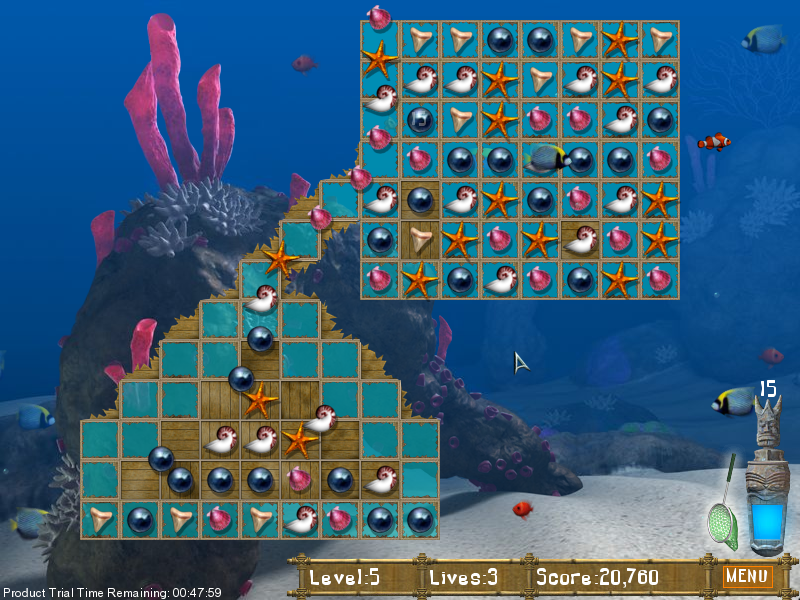 Big Kahuna Reef (Windows) screenshot: Level 5 - the lower part is filling after the destruction of a lock