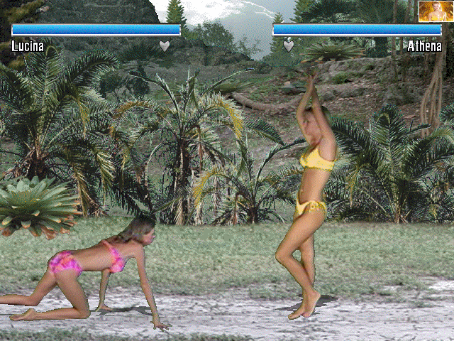 Bikini Karate Babes (Windows) screenshot: Fighters enter the arena