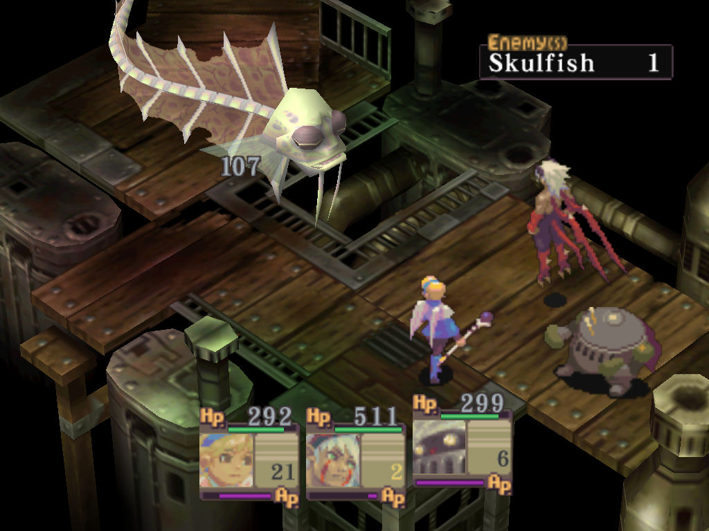 Breath of Fire IV (Windows) screenshot: That's a huge fish! Lots of damage done to it, but it's still flying...