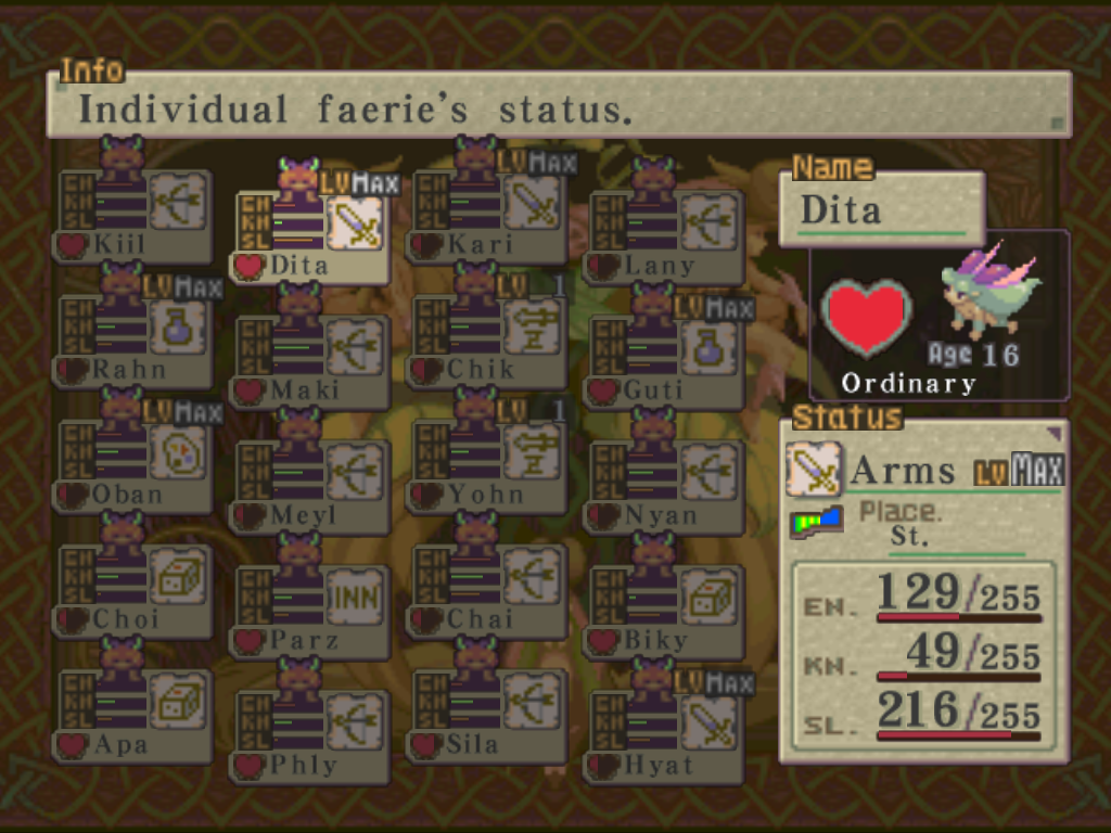 Breath of Fire IV (Windows) screenshot: Each fairy has stats including age, type (ordinary, odd, diligent, etc), endurance, etc.