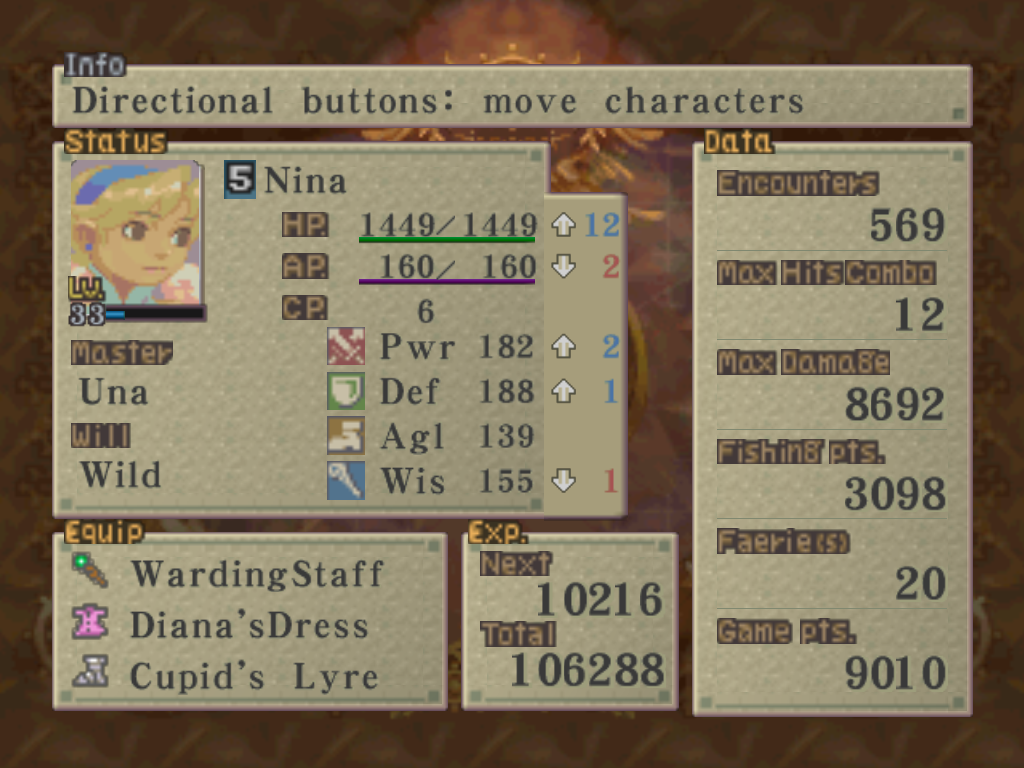 Breath of Fire IV (Windows) screenshot: For all other characters, you see game stats on their character sheets